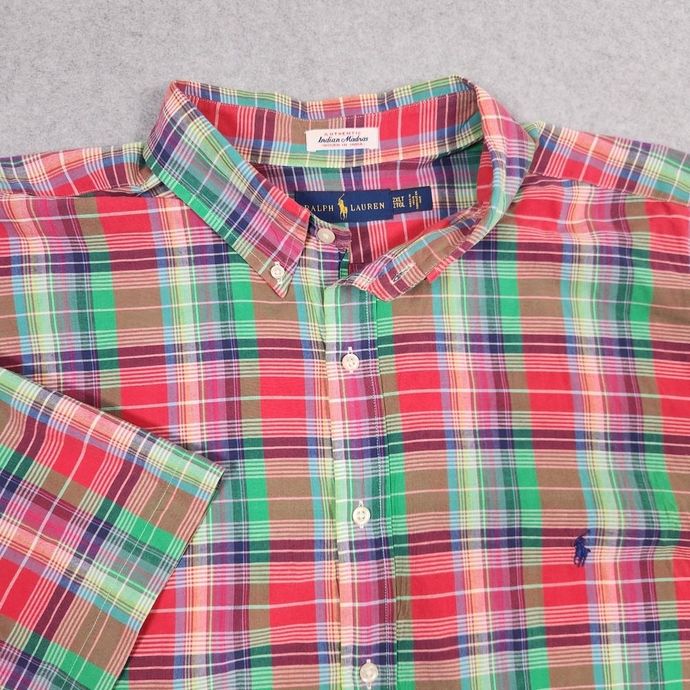 Polo Ralph Lauren Shirt  Mens 2XL Tall Red Green Authentic Indian Madras Plaid